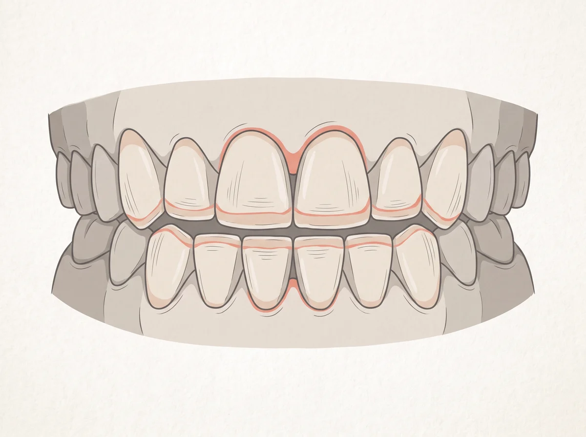 Illustration of flat, worn-down teeth from grinding. The biting edges of your front teeth look flat, even, or chipped instead of slightly rounded. Teeth may feel sensitive, and your jaw may ache in the morning.
