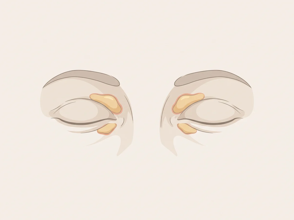 Illustration of yellow patches on the eyelids. Soft, flat or slightly raised yellow patches on the upper or lower eyelids, usually near the nose. They are painless and grow slowly.