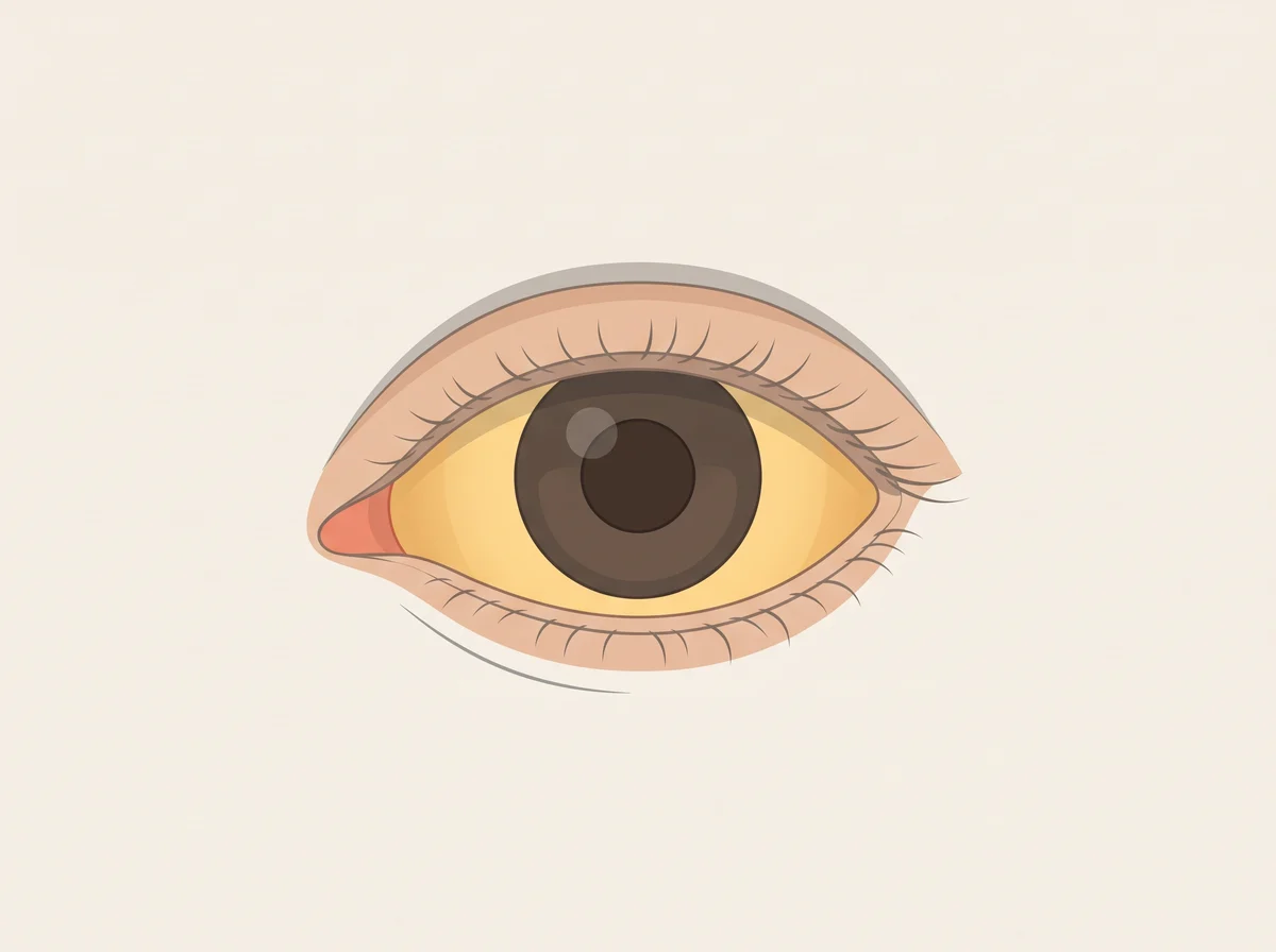 Illustration of eye whites that turn a little yellow now and then. The whites of both eyes take on a faint yellow tint for a few days, then clear up again. It tends to show up when you skip meals, get sick, feel run down, sleep poorly, drink too little, exercise hard, or have your period.